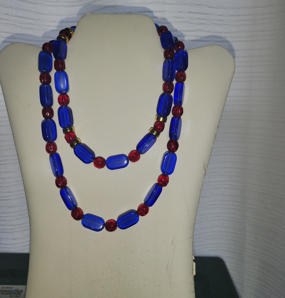 Blue and Red Glass Bead Necklace Set - Unbranded